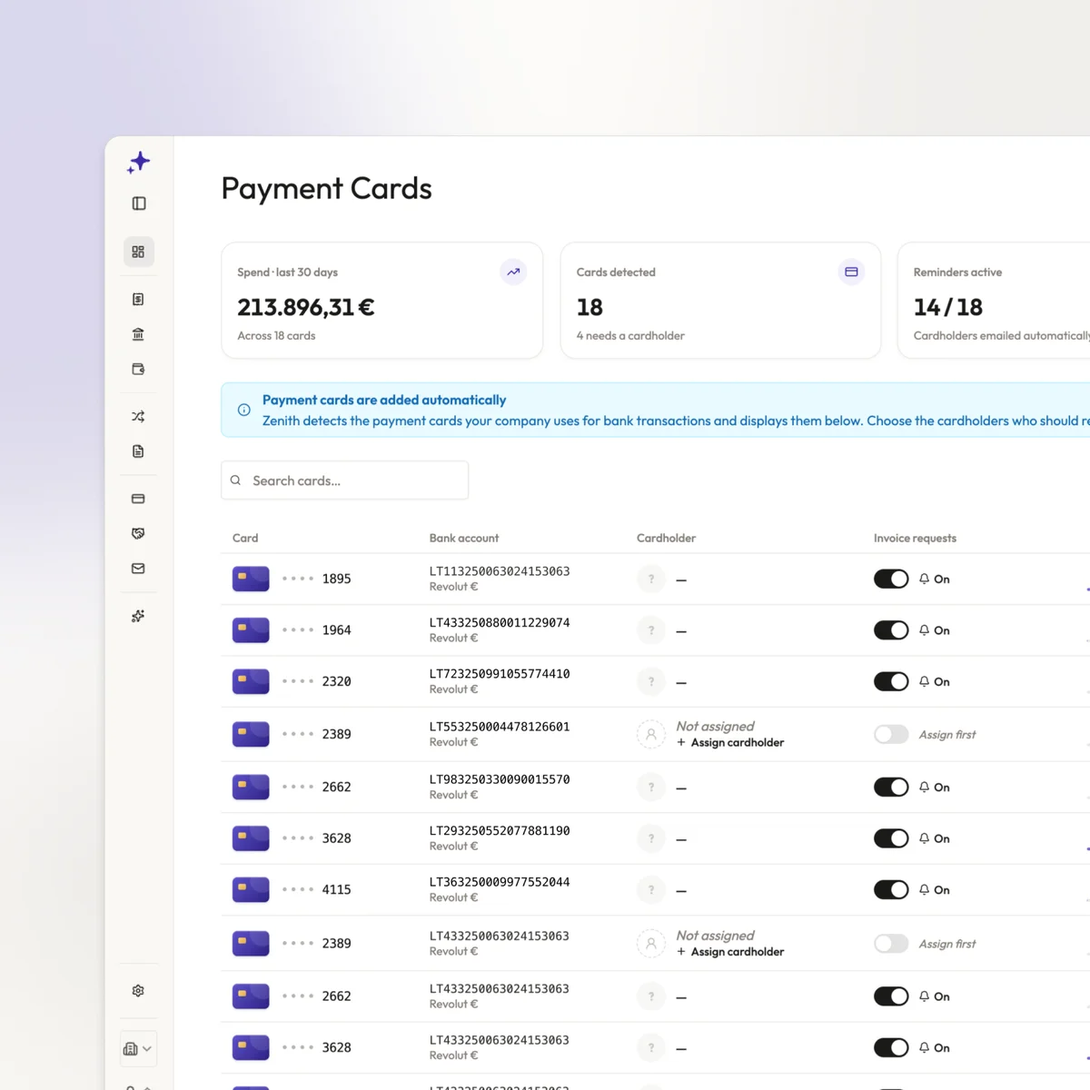 Card receipts, chased for you.